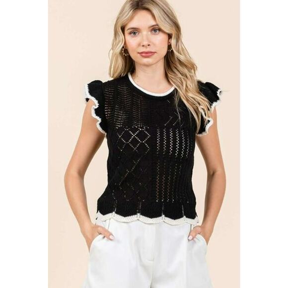 Mittoshop Multi Pattern Contrast Trim Ruffled Cap Sleeves Knit Sweater | Black - Picture 6 of 7